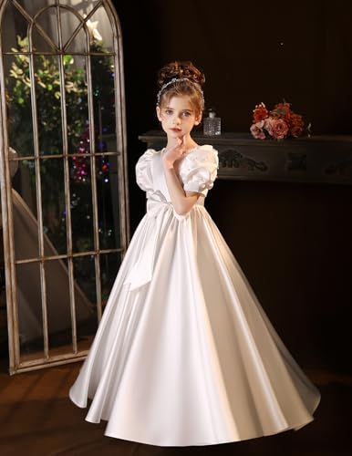 Satin First Communion Dress Flower Girl Dresses for Wedding Pearls Princess Pageant Dress with Bow-Knot3