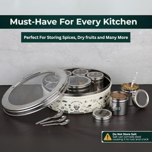 Image of MARU 12-in-1 Printed Stainless Steel Masala Dabba for Kitchen, Elegant and Durable Spice Box with See-Through Individual Lids, Ideal Kitchen Organizer for Storing All Herbs, Spices, and Seasonings