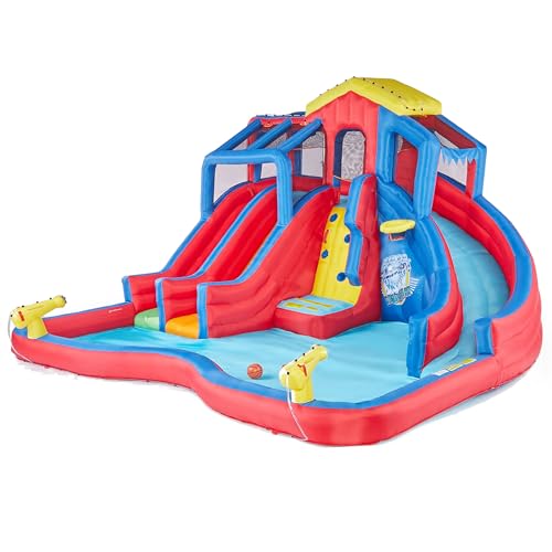 Banzai Hydro Blast Inflatable Outdoor Water Slide Park for Backyard, Ages 5+, Blue/Red