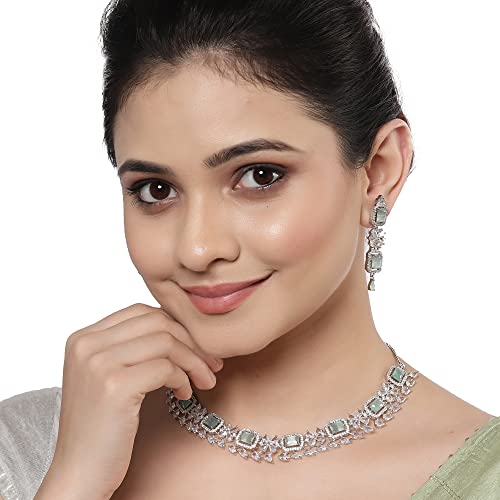 Rhodium-Plated American Diamond Necklace and Earrings Set