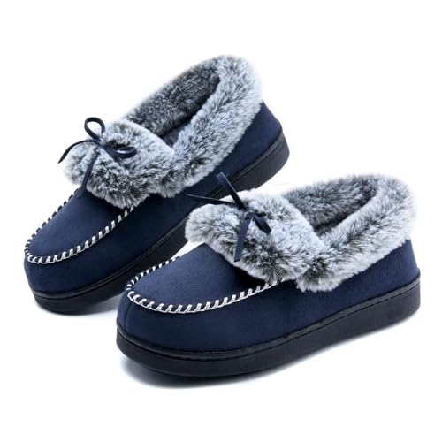 Image of DL Womens Fuzzy Warm Moccasin Slippers Memory Foam, Soft Fluffy Women's Winter House Slipper Closed Back Fur Lined, Cozy Ladies Suede Indoor Bedroom Houseshoes Non-Slip