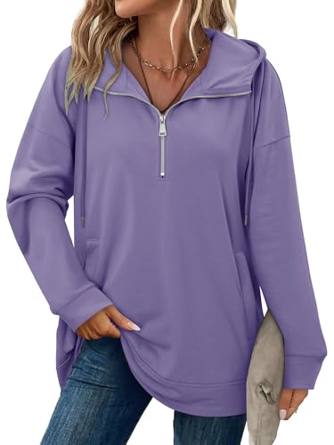 onlypuff Women Hoodie Pullover Trendy Quarter Zipper Lapel Sweatshirts Drawstring Cute Hooded Tunic Tops with Side Pockets
