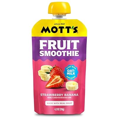 Motts Fruit Smoothies Strawberry Banana, 4.2 oz clear pouches, 4 Pack, Non-dairy, Made With Oatmilk, Made With Real Fruit, Good Source of Calcium, On-the-Go