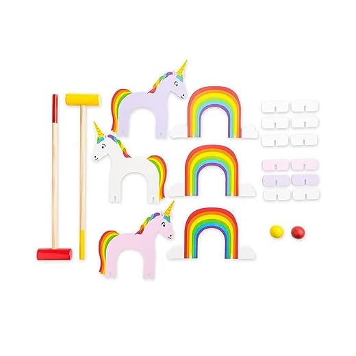 HearthSong Wooden Unicorn and Rainbow Croquet Set with Six Wickets, Two Mallets, and Two Balls, for Ages 3 and Up