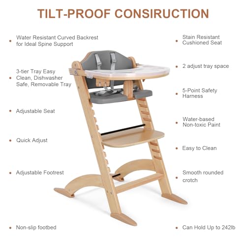 Image of Cowiewie New Upgrade 3-in-1 Convertible Wooden High Chair for Babies & Toddlers 10 Levels Adjustable 3-Tier Remove & 2 Adjustable Wood Tray, 2 Waterproof Cozy Cushions Grey