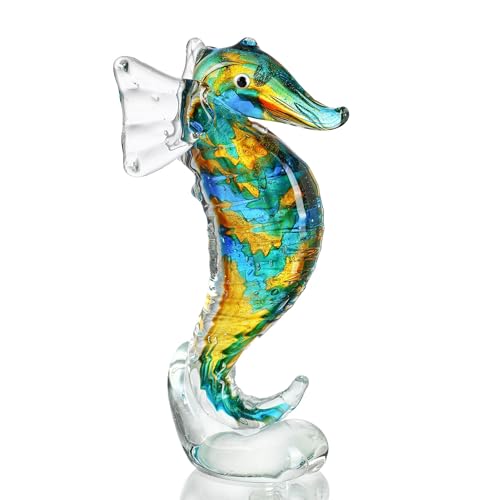 QFkris Handmade Glass Blue Seahorse Collectible Art Glass Blown Animal Figurine