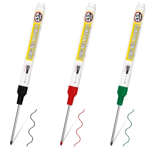 Long Head Deep Hole Marker Pens, 3pcs 45mm Long Tip Markers, Waterproof Permanent Construction Markers Marking Tool, Multi-Purpose Long Nib Deep Reach Markers Pens for Metal Wood Tile, Black/Green/Red