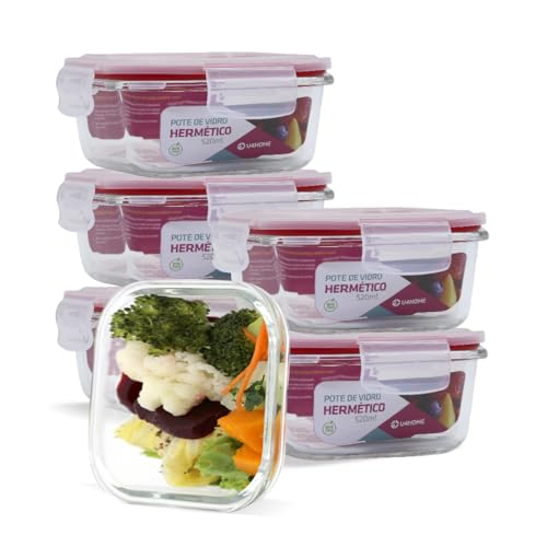 Conjunto 6 Potes Vidro Hermética Mantimentos Tampa 520ml (Vermelho)