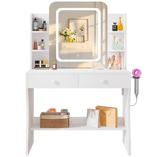 Image of LIVELYGLOW Small Makeup Vanity Desk with Smart LED Mirror & Power Outlet, 29.5 inch White Vanity Table with Hairdryer Rack, 5 Storage Shelves & 2 Drawers, Compact Dressing Table for Small Spaces