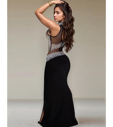 Image of Jigfar Women Sexy Elegant Rhinestone Mesh See Through Split Party Night Maxi Dress(FK3578,Black,3XL)