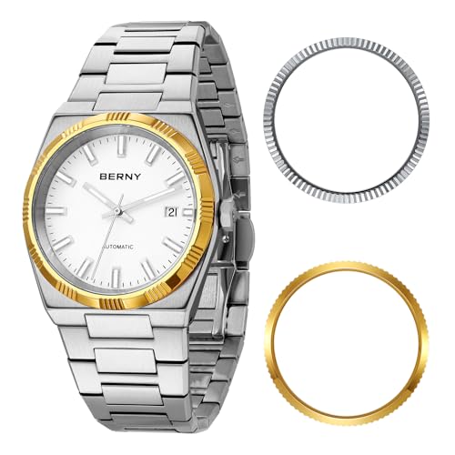 Image of BERNY Automatic Watches for Men Mechanical Wristwatch 5ATM Waterproof Male Classic Dress Watches Super Luminous Date Calendar Silver Watch Comes with 2 Additional Bezels
