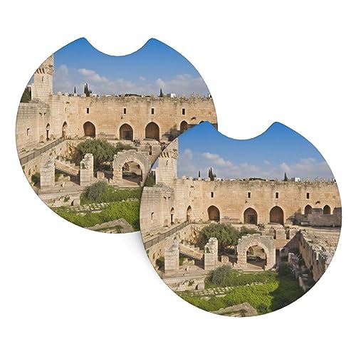 Lot de 2 sous-verres de voiture imprimés Israël à la tour de David - Imperméables - Avec support - Pour voiture, cuisine, bureau