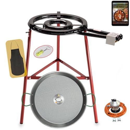 COMBOI Paellero gas butano, Kit Profesional Quemador plano 45 cm, Paellera Pulida 60 cm, Regulador, Manguera, Patas Reforzadas, Nivel, Delantal, Libro Recetas Digital (Kit Paellero Pro 45 cm)