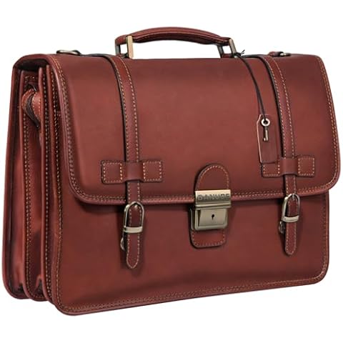 Banuce Vintage Genuine Full Grain Italian Leather Briefcase for Men with Lock 14 Inch Laptop Attache Case with Luggage Strap Brown Cover