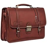 Banuce Vintage Genuine Full Grain Italian Leather Briefcase for Men with Lock 14 Inch Laptop Attache Case with Luggage Strap Brown