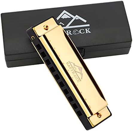 EastRock Blues Harmonica Mouth Organ 10 Hole C Key with Case, Diatonic Harmonica for Professional Player, Beginner, Students gifts, Adult, Friends, Gift (Gold)