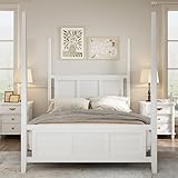 Merax Traditional King Size Solid Wood Four Poster Bed with Horizontal Grille Design, White