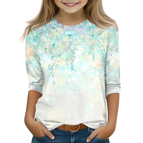 Girls Long Sleeve Shirts Printed Crew Neck Pullover Tops 3/4 Sleeve Lightweight Blouses Fall Winter Sweatshirts