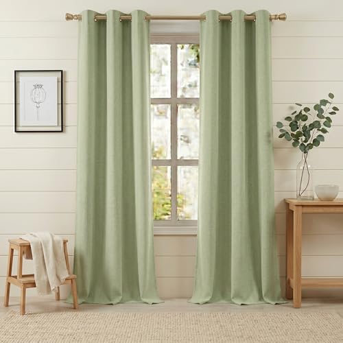 Anpark 100% Blackout Linen Sage Green Curtains for Bedroom 42x63 Inch Long