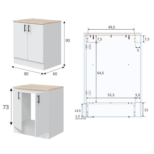 Miniatura 3 de Mobelcenter, Mueble Bajo De Cocina Para Fregadero, Módulo Bajo Con 2 Puertas, Acabado Color Blanco Brillo Y Roble Canadian, Medidas: Ancho: 80 Cm X Fondo: 60 Cm X Alto: 90 Cm 1540