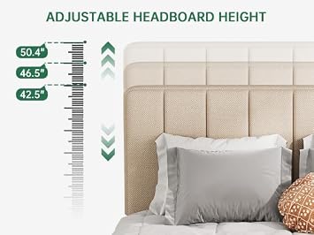 Bed Frames, King Bed Frames with Linen Upholstered Headboard, Without Box Spring Needed, Easily Assembly with Sturdily Wood, Withoutn-Slip Without Noise (Beige)