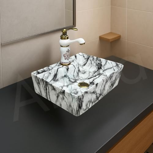 Image of Artiva Ceramic Wall Mounted Bathroom Basin /Designer Table Top Sink For Bathroom /Wall Hung Washbasin /Wash Basin For Cabinet, Countertop, Vanity /Glossy Vessel Sink (Cloudy White 16 x 12 x 5 Inch)