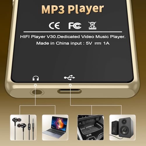 Image of MP3 Player with Bluetooth, 80GB Digital Music Player Portable MP3 & MP4 Players with Speaker, FM Radio, Voice Recorder, Shuffle Repeat, Up to 256GB, Golden