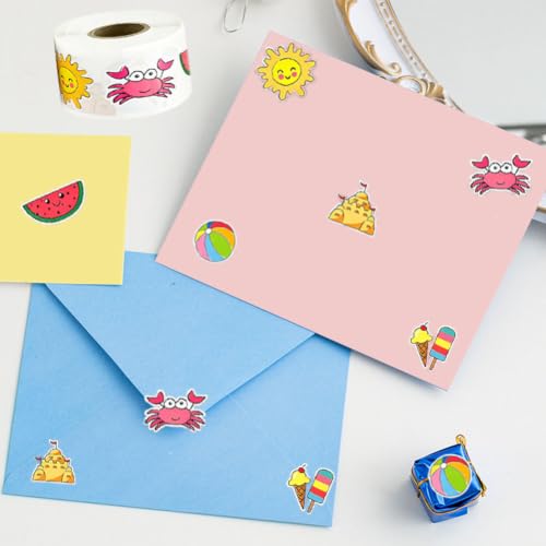 500 Pcs Summer Stickers Roll 1in Sandy Beach Theme Self Adhesive Waterproof Cartoon Sticker Tags for Water Skateboard Laptop Bike Phone Case Suitcase Scrapbook Journal Envelope DIY Craft Decals - Image 7
