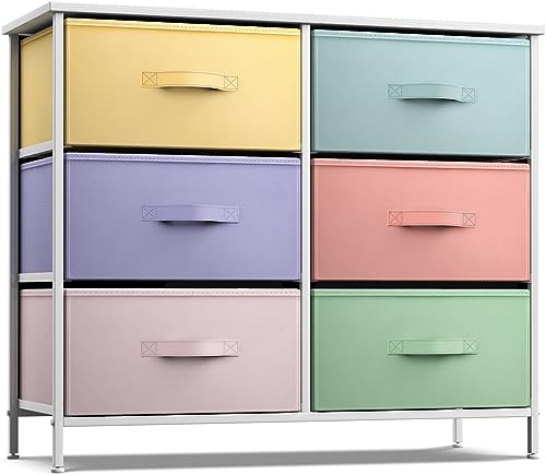 Sorbus Dresser with 6 Drawers - Furniture Storage Tower Unit for Bedroom, Hallway, Closet, Office Organization - Steel Frame, Wood Top, Easy Pull Fabric Bins (Pastel/White)