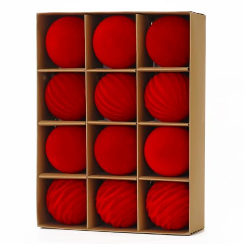 Image of 3.15In Red Velvet Christmas Ornaments Set,12Pcs Flocked Ornaments Balls