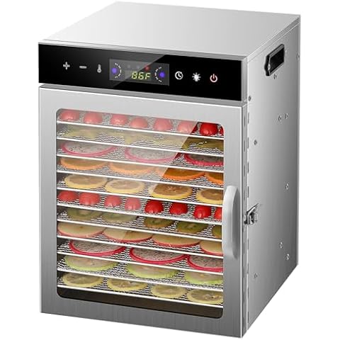 HOPERAN Food Dehydrator, 12 Stainless Steel Trays Dehydrators for Food and Jerky, Herbs, Fruit, Dehydrator Machine with Digital Timer and Temperature Control, Overheat Protection, Recipe Book Included Cover