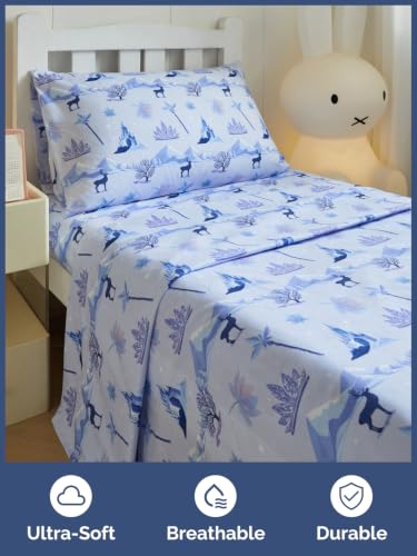 Image of Kids Twin Size Winter Bed Sheets - 3 Piece Kids Winter Sheet Set - Snowy Holiday Bedding - Ultra-Soft, Cute & Cozy - Breathable & Machine Washable - Frosty Bed Set for Boys, Girls, Teens & Toddlers