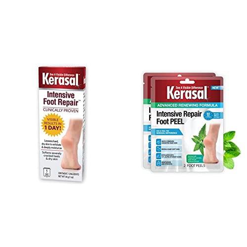 Kerasal Intensive Foot Repair, Skin Healing Ointment for Cracked Heels and Dry Feet, 1 Oz Intensive Repair Foot Peel for Dry Feet, 2 Pairs
