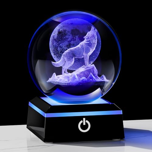 Image of Qianwei Wolf Gifts for Women 3D Crystal Ball Figurines Statue Night Light | Wolves Globe Decor 3.14'' Laser Engraved Glass Animals Stuff For Room Lamp Decorations Wolf Theme Birthday Gifts For Men