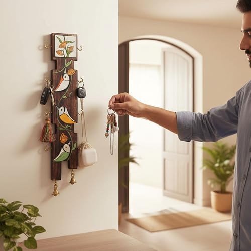 Image of AAKRITI ART CREATIONS Key Holder, Avian Elegance Key Holder | Rustic Wooden Wall Organizer with 8 Hooks | New Home Gifts | Multifunctional Entryway Decor Item