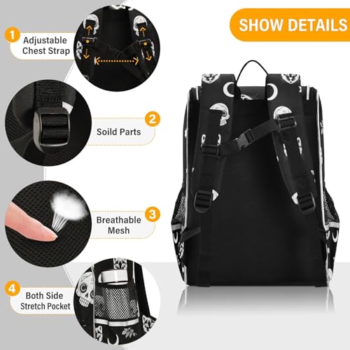 Goth Skull Cat School Backpack For Girls Boys Elementary Bookbag With Reflective Strips4