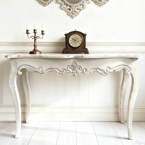 Distressed White Wood Console Table with Carved...