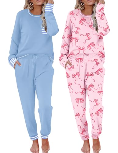 Image of Ekouaer 2 Pack Womens Pajama Sets Long Sleeve Lounge Sets Soft Pj Sleepwear Loungewear