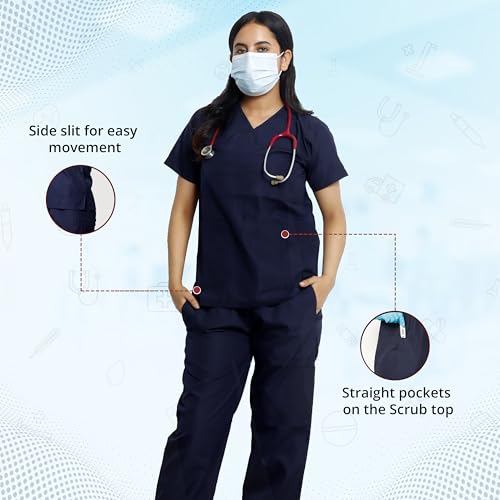 Image of Robustt Classic Scrub Suit Set For Women - Navy Blue (Extra Small) | Uniform For Doctors | Cotton Fabric | Ultimate Comfort and Breathability | Adjustable Fit | Multiple Pockets | V-Neck
