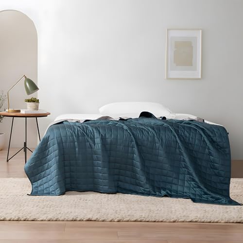 Image of YnM Exclusive Weighted Blanket, Soothing Cotton, Smallest Compartments, Bed Blanket for One Person of 190lbs, Ideal for Queen /King Bed (60x80 Inches, 20 Pounds, Peacock /Grey Reversible)