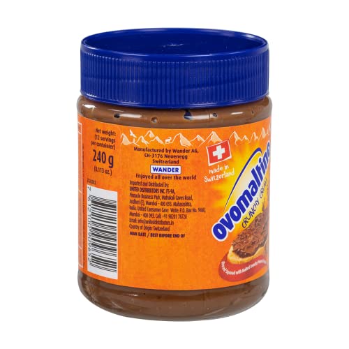 Image of Ovomaltine Crunchy Cream Chocolate Spread, 240g | 100% Vegetarian | No Palm Oil & No Trans Fat | Made in Switzerland | With Vitamins, Minerals and Crunchy Malt Pieces| Tasty Breakfast Spread & Dessert Topping for Kids & Adults
