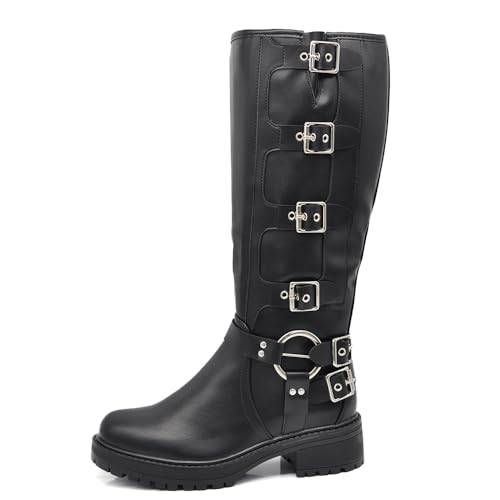 IF Fashion Chaussures Femmes Bottes Au Mollet Biker Motard Avec Multi Boucles Amphibiens 660-3, 287 Noir, 36 EU