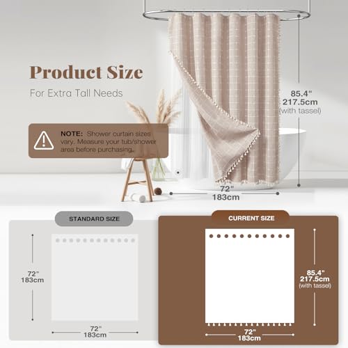 Image of BTTN 3 in 1 Shower Curtain with Liner, 84 Extra Long Boho Linen Cloth Shower Curtain Set with Hook, Tall Farmhouse Bohemian Country Waterproof Fabric Shower Curtain for Bathroom, Taupe, 72x84