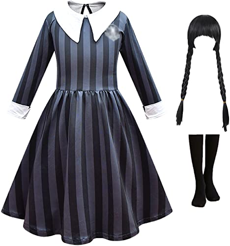 LCXYYY Miercoles Disfraz y Pelucas Calcetines Niña Cosplay Nevermore Colegio Addams Familia Wednesday Vestido de Uniforme a Rayas Halloween Navidad Carnaval Cumpleaños Fiesta Regalos para Niños Cover