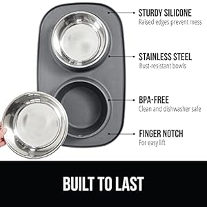   Gorilla-Grip-100-Waterproof-BPA-Free-Cat-and-Dog-Bowls-Silicone-Feeding-Mat-Set-Stainless-Steel-Bowl-Slip-Resistant-Raised-Edges-Catch-Water-Food-Mess-No-Spills-Pet-Accessories-1-Cup-Gray