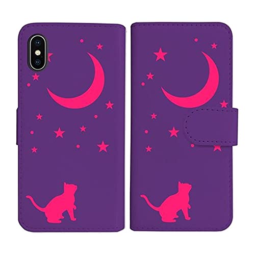 sslink iPhone17 Pro Max アイフォン17プロマックス 対応 手帳型 パープル ケース 猫 ネコ 月 星 夜空 ピンク ダイアリータイプ 横開き カード収納 フリップ カバー