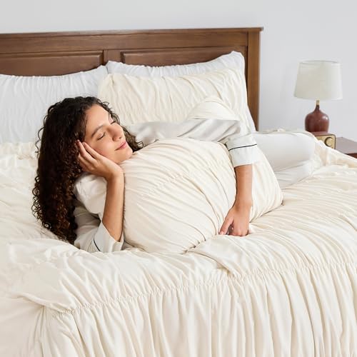 Image of Andency Ruched Beige Twin Size Comforter Sets, Shabby Chic Pleated Bedding Sets 2 Pieces, Lightweight Soft Boho Ruffle Bed Set for Girls, Kids, Women, All Season