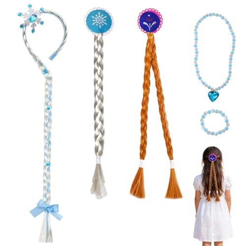 Gykutix 5 Piezas Trenzas Pelo Niña Princesa Peluca Trenzas Pelucas Trenza Clip de Pelo Trenzado Peluca Rapunzel con Collar niña Pelucas Trenzadas para Elsa Frozen niño Princesa Vestir Accesorios