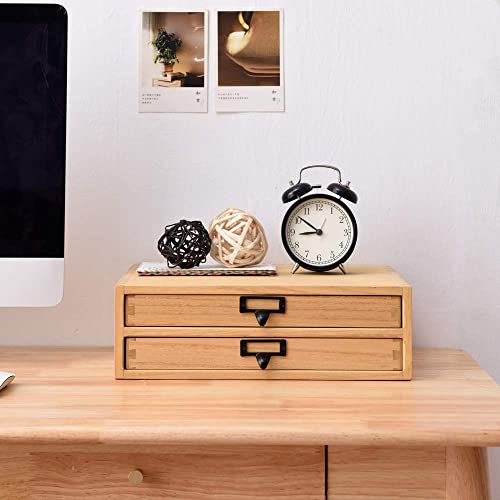 Kirigen Natural Wood Desktop Storage Cabinet -Shallow Type Drawers - Fax Stand With Metal Handle - Small File Organizer Size 13.78" L*11.02" W*4.33" H(Na, 2-Layer &2 Drawers) #TOP1