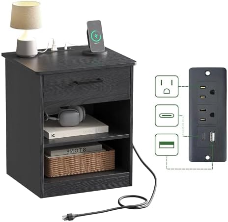 ODIKA Everyday Side Table with Fast Charging Station - USB C Cable Fast Charging, Wooden Black Nightstand Bedside Table with Drawer, End Table with Optional Adjustable Shelf for Bedroom, Set of 1
